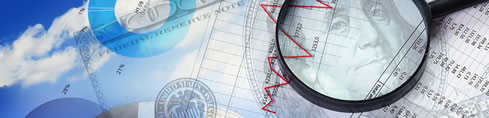 collage photo of clouds, 100 dollar bill, financial report and magnifying glass